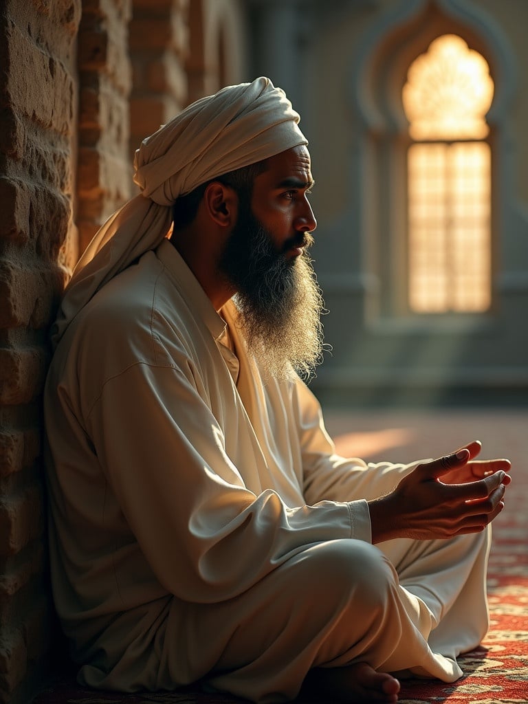 A silhouette of a man in traditional clothing seated against a wall in a soft lit space. The setting exudes warmth and tranquility. Sunlight filters through an ornate window illuminating the environment.