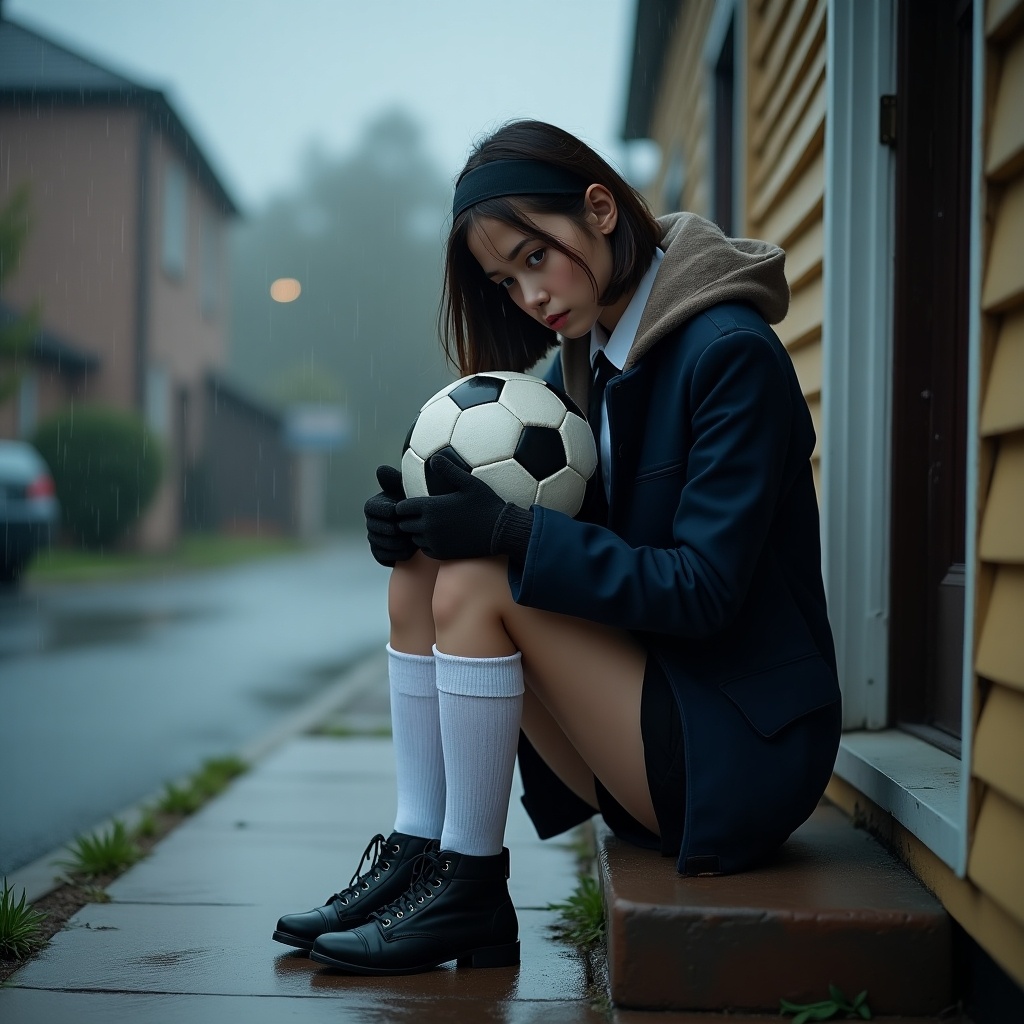 The image depicts a young woman sitting on the porch of a house on a rainy day. She holds a punctured black and white soccer ball and has a sorrowful expression. Dressed in a short black skirt, knee-high white socks, and a dark blue blazer, she exudes a mix of resilience and vulnerability. The environment is drenched, reflecting her emotions. Her hair is styled with a headband, and she wears woolly gloves, adding to the wintery feel. This scene evokes feelings of longing and contemplation amidst the rain.