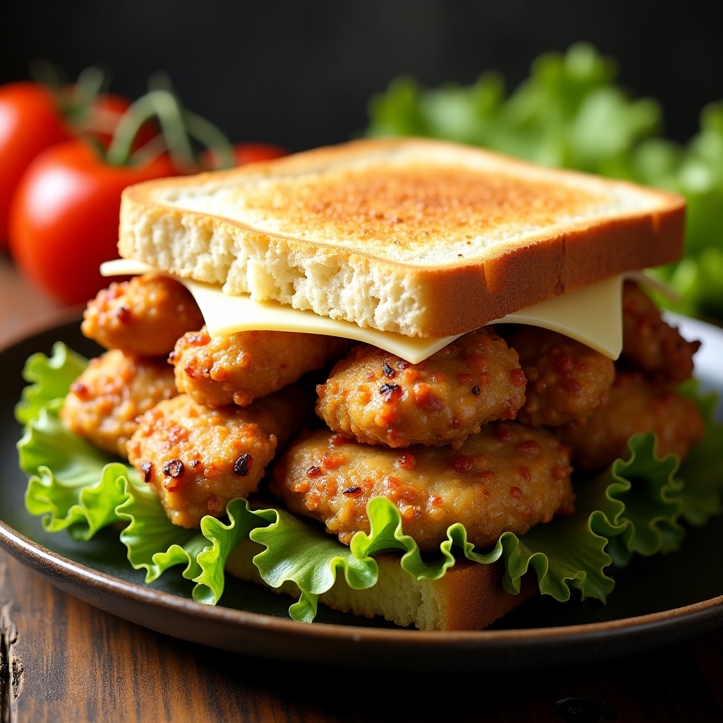 This image features a delicious looking sandwich stacked high with pieces of cooked chicken. The sandwich is made of toasted white bread, layered with slices of white cheese, and is garnished with fresh lettuce. Juicy red tomatoes sit in the background, enhancing the vibrant color palette of the scene. The golden-brown chicken pieces are crispy and inviting, making this a mouthwatering meal option. This appealing presentation is perfect for casual dining or a quick lunch.