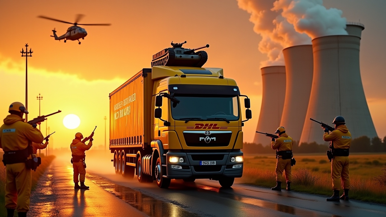 In a dramatic scene, a DHL delivery truck drives up to a boomgate at the entrance to a nuclear power plant. The truck is equipped with a tank turret, showcasing a unique blend of delivery and military themes. Nearby, several DHL delivery men are dressed in yellow uniforms and armed with rifles, adding tension to the atmosphere. The sky is ablaze with the fiery sun setting in the background. Above them, a DHL cargo helicopter flies, further intensifying the action. At the bottom of the image, the text 'DHL Always on Time, Always on Target' presents a slogan that emphasizes reliability in a thrilling context.