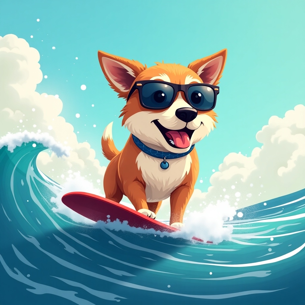 A cheerful dog wearing sunglasses rides a surfboard amidst ocean waves. The dog is a corgi, portrayed with a joyful expression. The setting features splashing waves under a bright blue sky. The scene is vibrant, embodying a fun summer day at the beach. The dog’s playful stance on the surfboard adds to the overall happiness of the image.