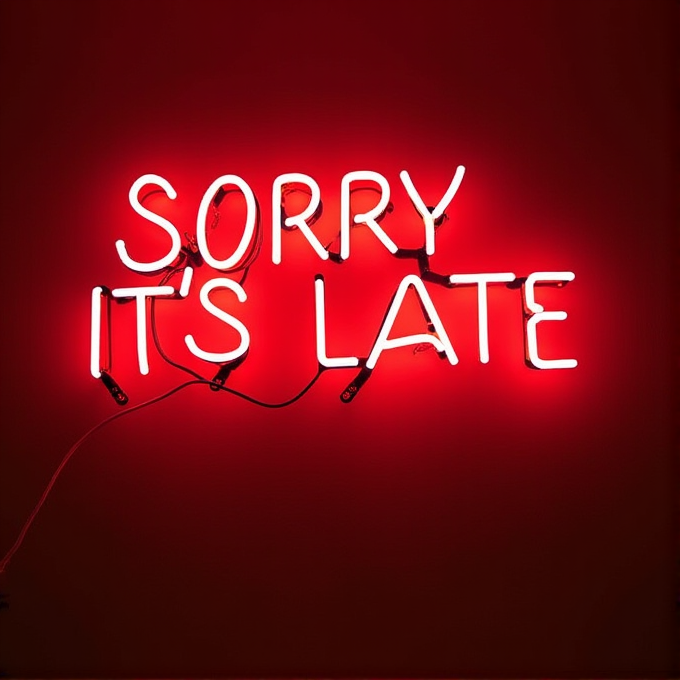 A bright neon sign reads 'SORRY IT'S LATE' against a dark background.