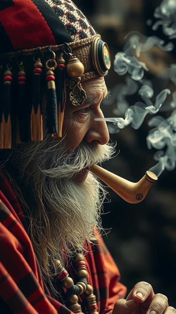 An elderly man with a pipe, adorned in colorful ethnic attire, exudes a sense of wisdom and tradition.