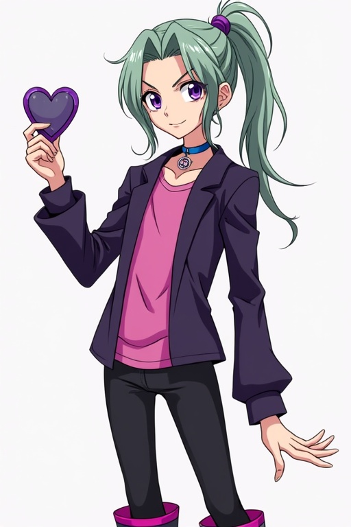 A slender young male with light skin and big purple eyes. He has a gentle smile and shoulder-length light green hair styled in a ponytail. He wears a dark purple jacket over a pink top. A silver heart choker with a blue strap adorns his neck. He sports black leggings with pink trim and black and pink high heeled boots. The character has a very feminine build and holds a custom Chaos Duel Disk. The style is akin to that of Yu-Gi-Oh!