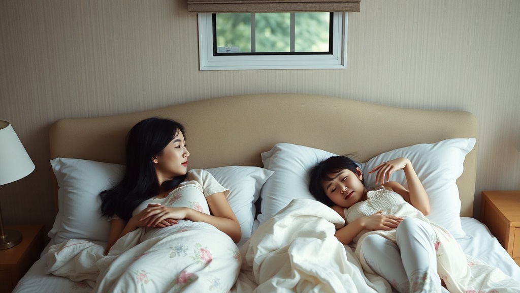 The image captures a peaceful scene of a woman and a child resting in a cozy, neatly made bed. The warm lighting emphasizes the tranquil atmosphere, with soft shadows creating a calming effect. The room decor is simple and modern, with a small window above the bed offering a glimpse of greenery outside.