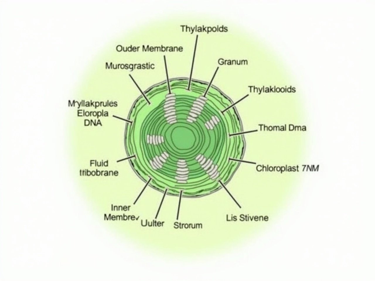 The image shows a detailed diagram of a chloroplast, which is an organelle found in plant cells. It is illustrated in a green color, indicating its function in photosynthesis. The diagram labels various parts of the chloroplast, including the outer membrane, inner membrane, stroma, granum, thylakoids, and chloroplast DNA. The thylakoids are depicted stacked in structures known as granum, and they are surrounded by a fluid-filled space called the lumen. The stroma, which is the fluid matrix, contains ribosomes and other important components. Overall, it provides a clear representation of the organelle's structure and its essential components.