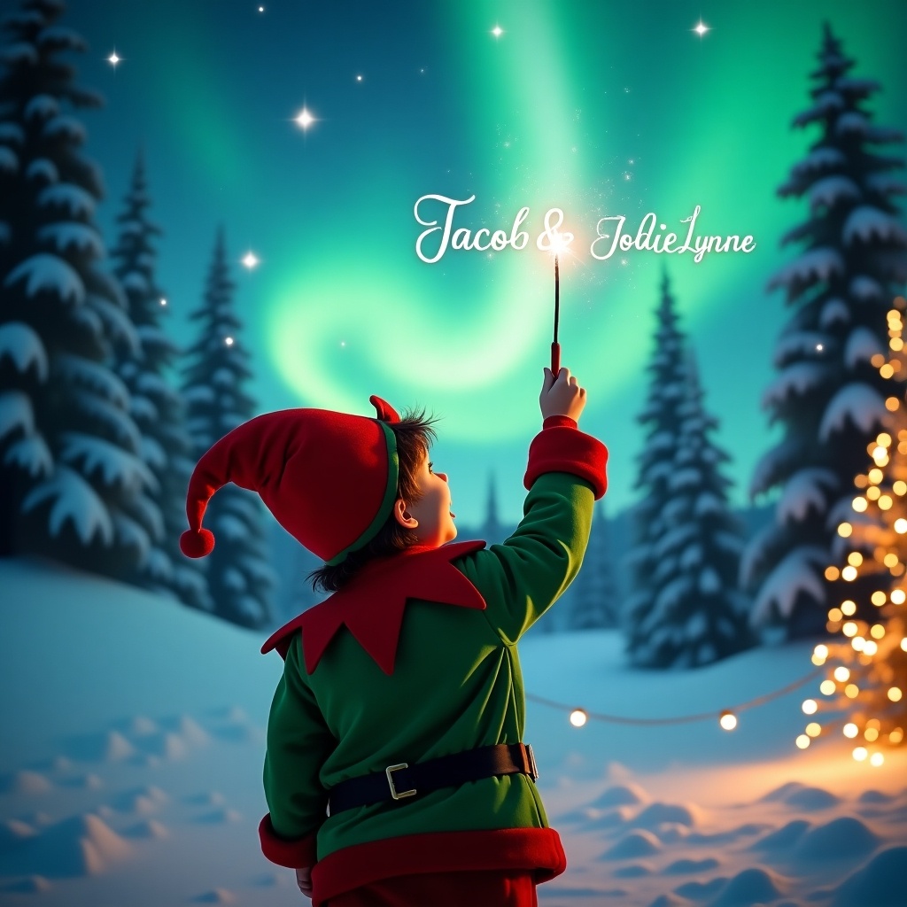 Child in elf costume stands with back to viewer. Magical atmosphere in winter landscape. Northern lights sparkle above. Snow-covered trees surrounding. Twinkling lights in foreground create cozy ambiance. Child looks up, using wand to write Jacob & Jodie~Lynne.