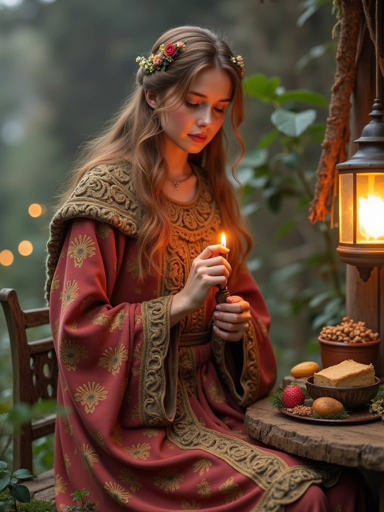 A girl wearing traditional clothing sits in a natural setting. She is holding a candle in her hands. A table beside her has traditional food items. The scene has warm lighting with a lantern glowing softly. The background is lush with greenery and light effects.