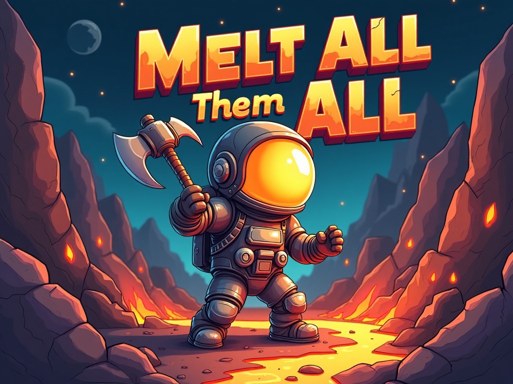 A cartoon astronaut wielding an axe on a volcanic landscape with the words 'Melt All Them All' above.