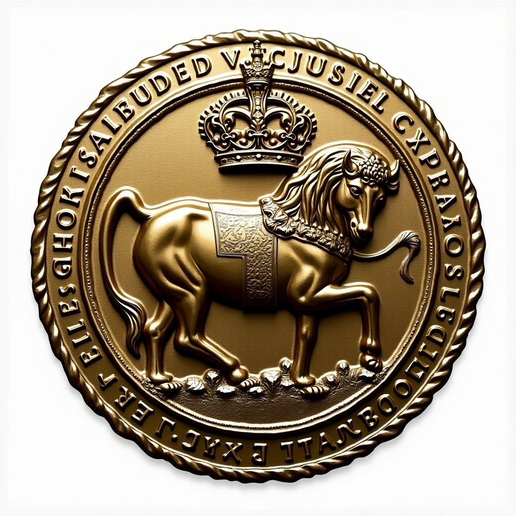 Seal of His Highness Crown Prince Jonas Alexander. Features a lion symbol with a crown. Elaborate design in gold color. Represents authority and heritage.