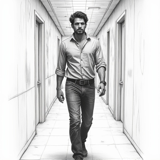 Highly detailed pencil sketch depicts a man in a corridor. The atmosphere is reflective and introspective. The man has disheveled hair and is dressed in a light blue shirt with dark jeans. He stands still while looking around, conveying a sense of exhaustion and resolve. The sketch uses black and white tones with high contrast. The composition follows the rules of thirds and portrays the subject in a bird's eye perspective.