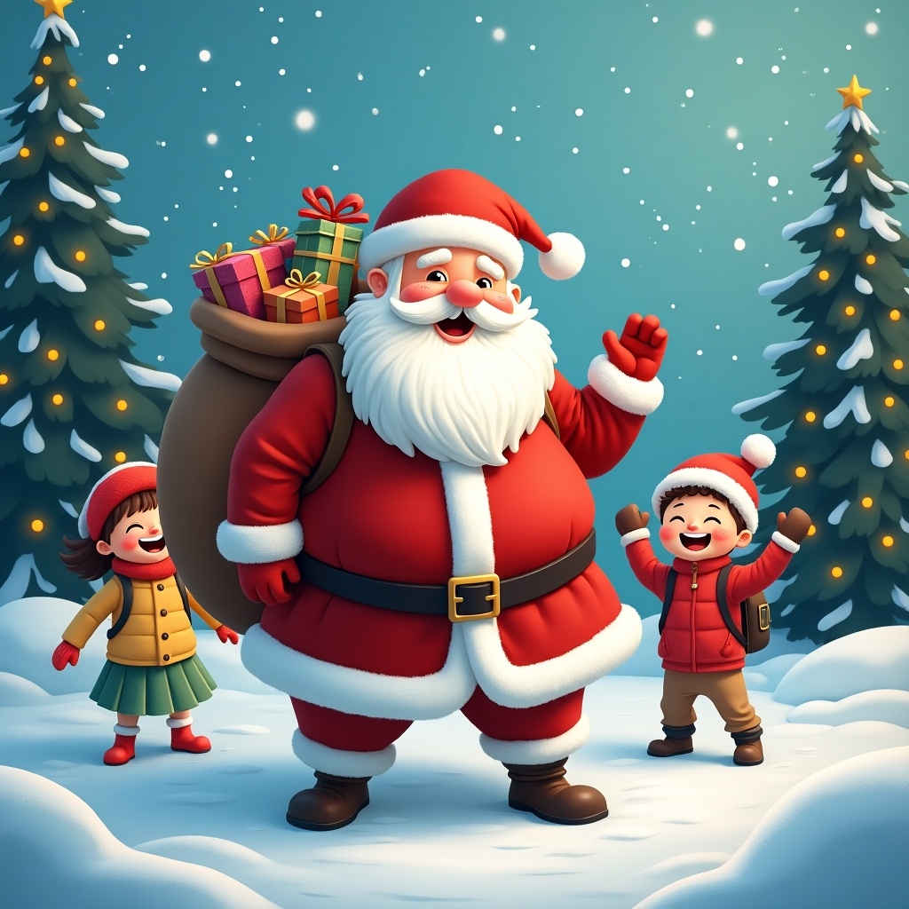 Santa Claus with a bag of gifts standing in a snowy landscape. Two children are joyfully interacting with Santa. Christmas trees are in the background. Bright and cheerful atmosphere.