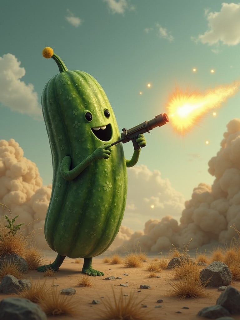 Surreal scene depicting a smiling cucumber wielding a rocket launcher in a sandy setting. The cucumber appears playful and animated. Smoke and clouds surround the background. Bright colors create a whimsical effect.