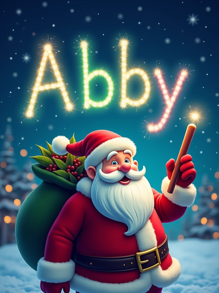 Christmas theme features Santa writing the name Abby in colorful glowing font in the sky with a pen