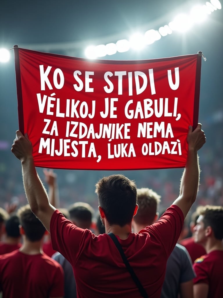 Fans are holding a large red banner in a stadium. The banner has bold white text written in it. The text is a rallying cry reflecting national pride and sports loyalty. The atmosphere is energetic and passionate. A large crowd is visible in the background.