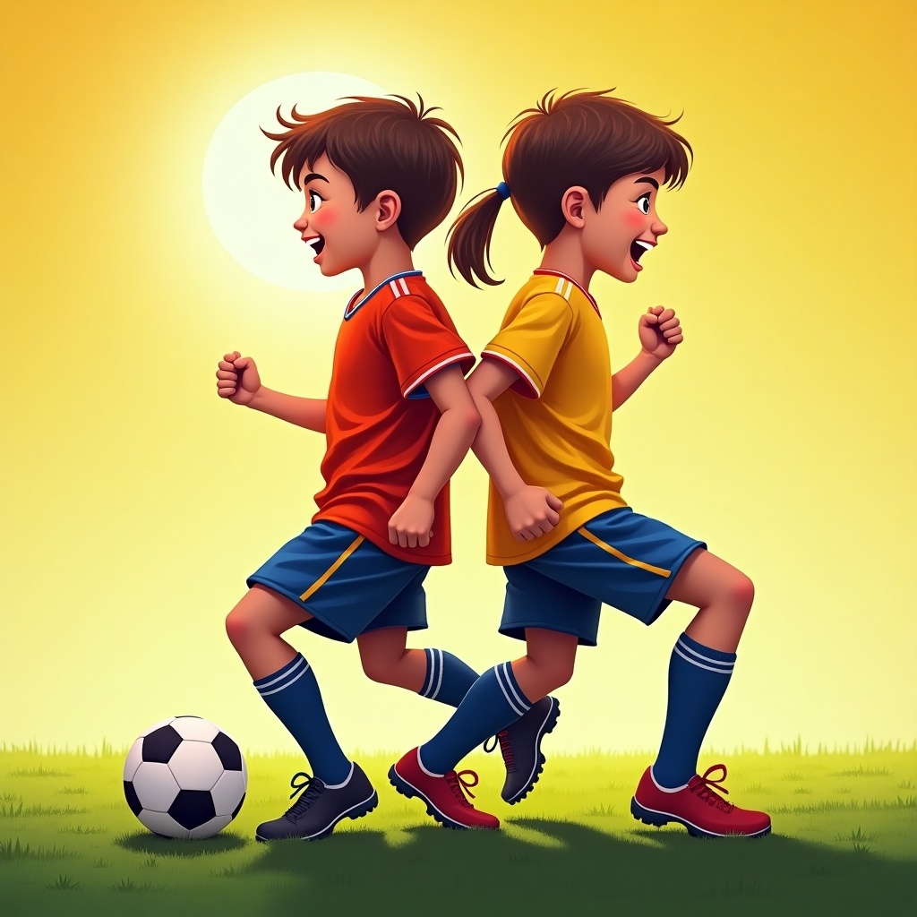 The image features two child football players depicted back to back. One child is wearing an orange jersey and the other a yellow jersey. Both are smiling and appear to be in motion, highlighting their energetic and joyful demeanor. They are set against a vibrant sunny background with a lush green field. A soccer ball is positioned near the bottom of the image, adding to the soccer theme. The overall vibe of the image is playful and enthusiastic, perfect for promoting youth sports.