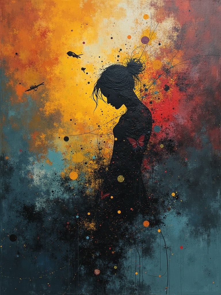 Abstract style art depicting a silhouette of a woman with butterflies and colorful splashes. Emoitional imagery with an emphasis on bold colors and dynamic shapes.