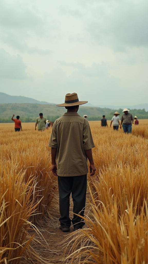 A person stands in the middle of a wheat field, facing a group of people wearing hats, with mountains in the background under a cloudy sky.