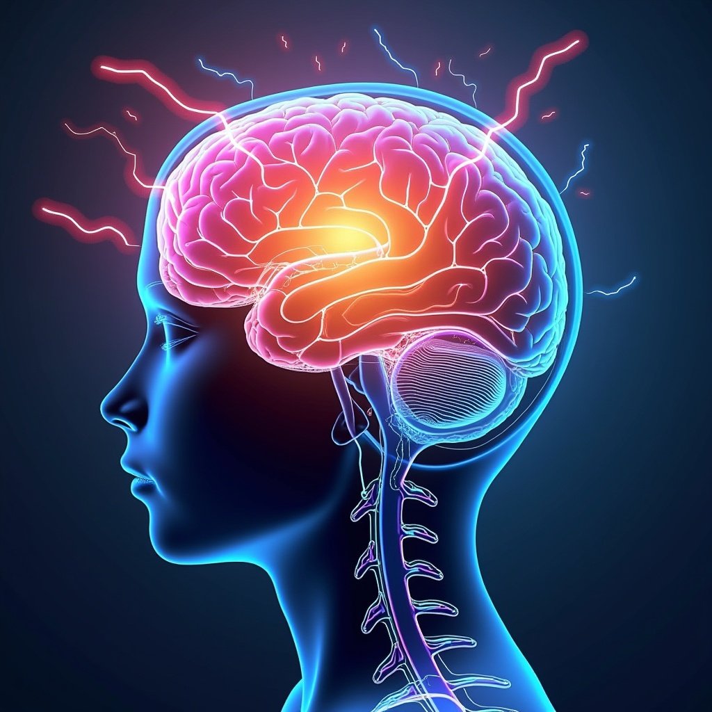 Illustration of a brain showing neural activity with energetic effects around it. Focus on medical relevance and education.