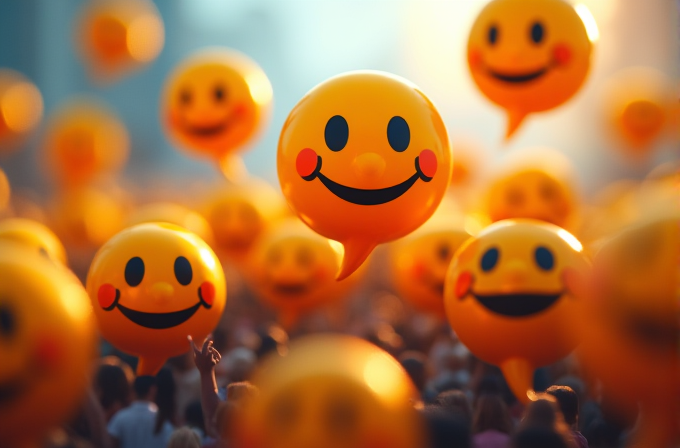 Bright yellow smiley balloons float over a cheerful crowd.