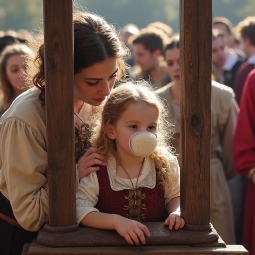 Mother playfully locks daughter in a medieval pillory. Daughter wears an oversized pacifier. Scene set in a historical festival. Bright atmosphere with costumes. Many people in the background. Wooden stocks hold the child's head and hands securely.