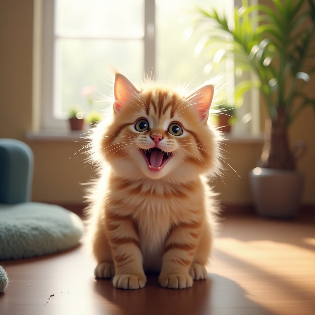 A cute and fluffy orange kitten sits in a sunny room. The kitten has a big smile and wide eyes. Sunlight shines through the window illuminating the space. The cat looks cheerful and friendly.