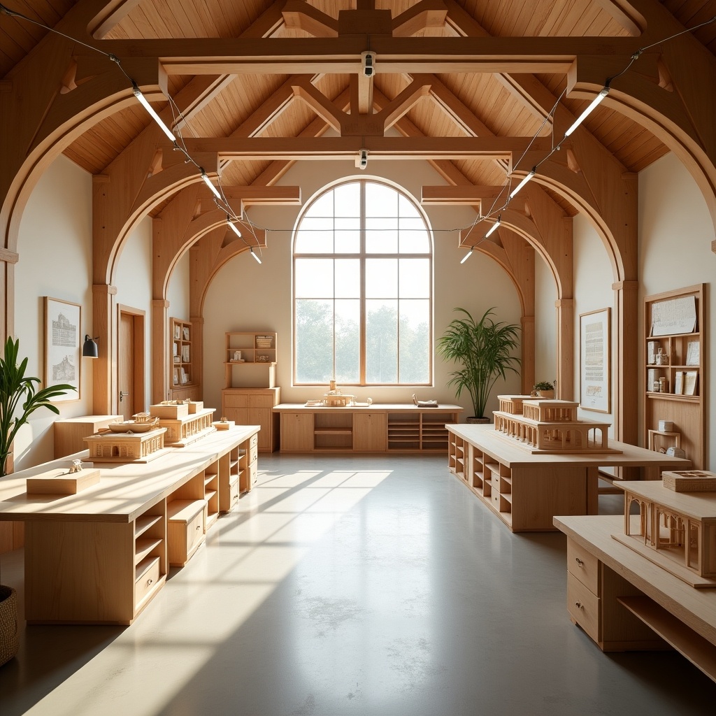 This image showcases a modern architectural studio named 'Maison 17'. The interior is designed with tall vaulted ceilings and elegant wood trusses, creating a spacious and airy feel. Natural light floods the room through a large arched window, highlighting the rich display of wooden building models across the workspace. The color palette features soft beige, natural wood tones, and hints of greenery, adding warmth and life to the studio. This setting inspires creativity and is perfect for architectural design activities.