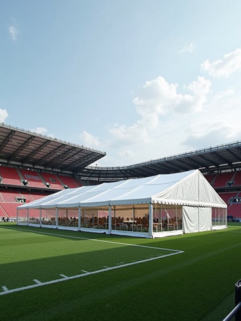 60 x120 tent situated in a football field. Seating arranged under the tent. Bright daylight with some clouds. View from an elevated angle. Grass surface underneath.