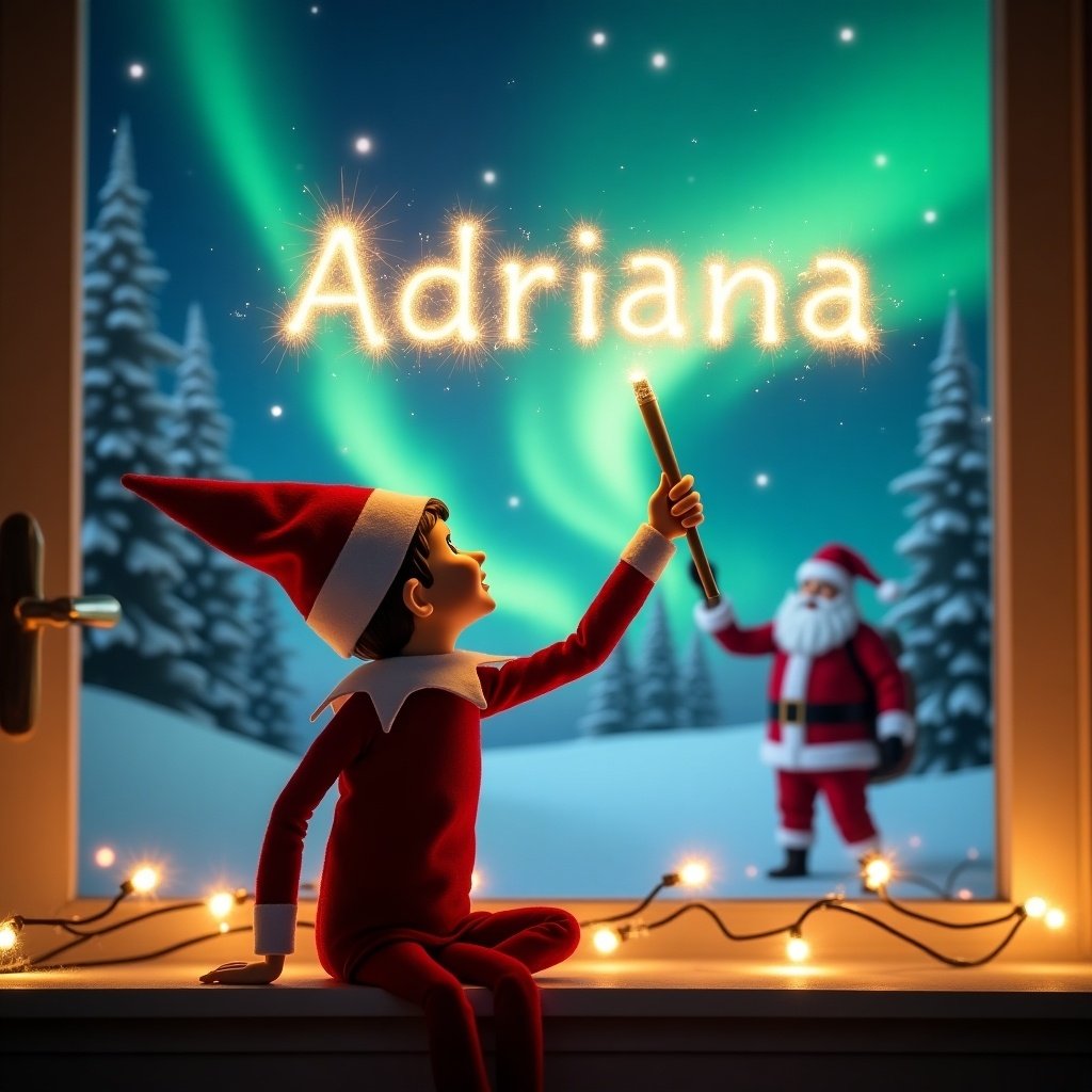 Elf on the shelf with back to viewer. Elf gazes up, writing name 'Adriana' with magic wand. Background shows northern lights, Santa Claus in distance. Warm holiday lights create magic atmosphere. Elf conveys excitement and wonder.