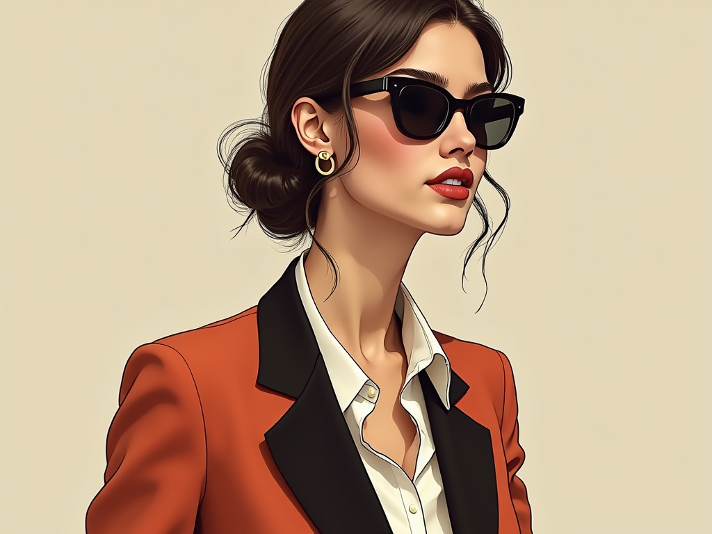 This digital artwork features a stylish woman exuding confidence and elegance. She is dressed in a sharp orange blazer with black lapels over a white blouse, accessorized with trendy black sunglasses and gold hoop earrings. Her hair is neatly styled, enhancing the overall sophisticated vibe of the composition.