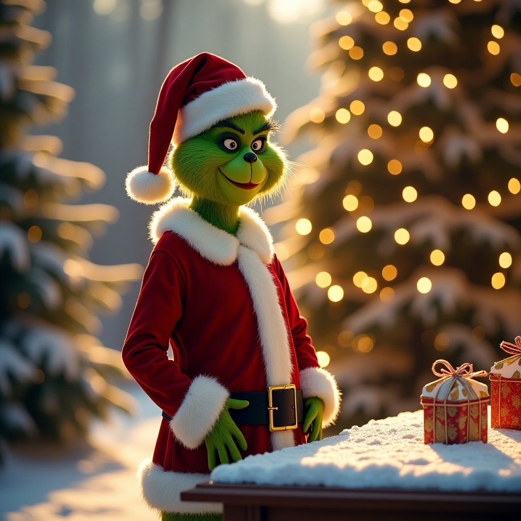 Grinch character wears Santa suit and hat. Warm golden light shines on snow-covered trees. A tall Christmas tree with snow and twinkling lights in the background. Snow-covered trees surround the scene. A hyper-realistic photo featuring the Grinch in a Santa Claus suit, in front of a snow-covered table.