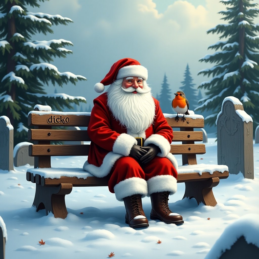 Father Christmas is sitting on a bench in a snowy cemetery. He is accompanied by a red-breasted robin. The name 'dicko' is carved on the bench. Christmas-themed atmosphere with a serene winter background.