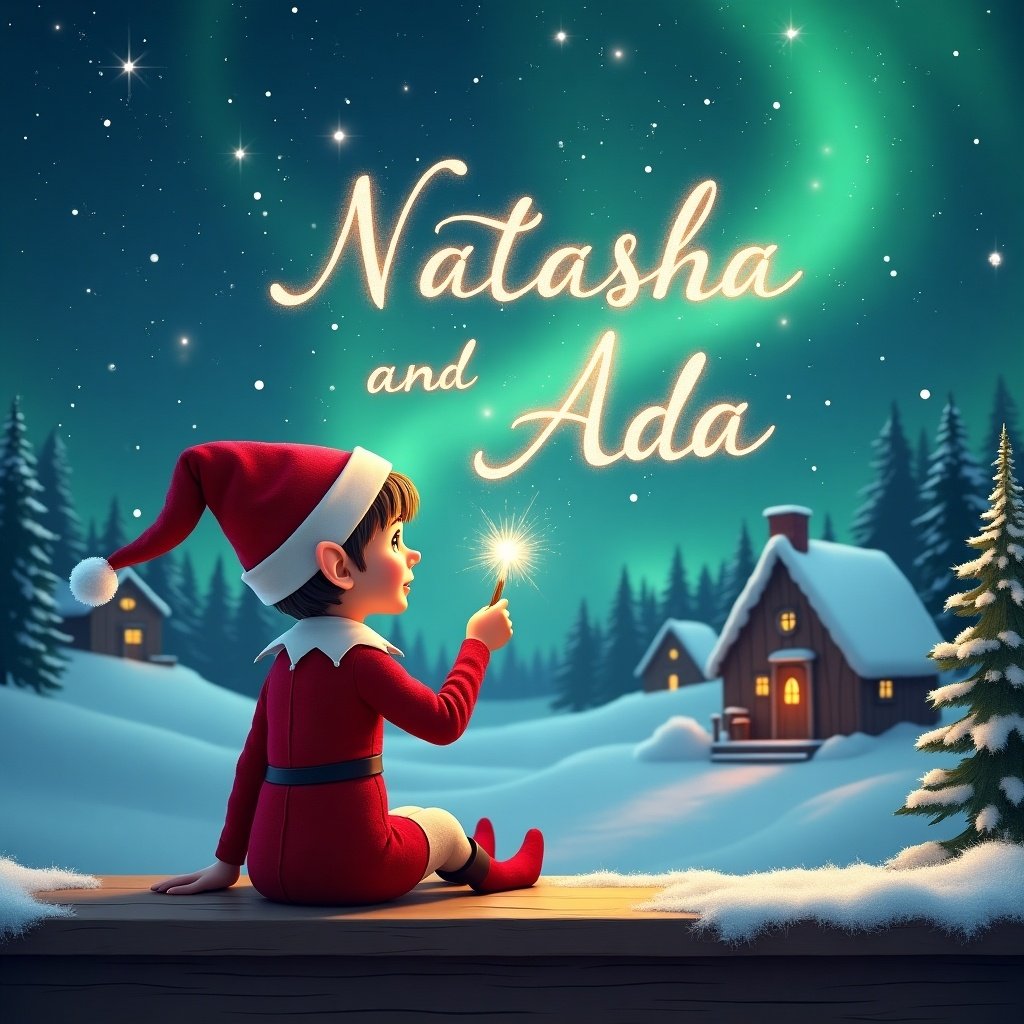 An elf sits on a wooden ledge with its back to the camera, gazing at a magical sky. The elf is dressed in a red outfit with a pointed hat and holds a sparkling wand. The elf writes the names 'Natasha' and 'Ada' in the starry sky. The background features a snowy landscape with charming houses and evergreen trees under shimmering Northern Lights. This scene captures childhood magic and Christmas cheer.