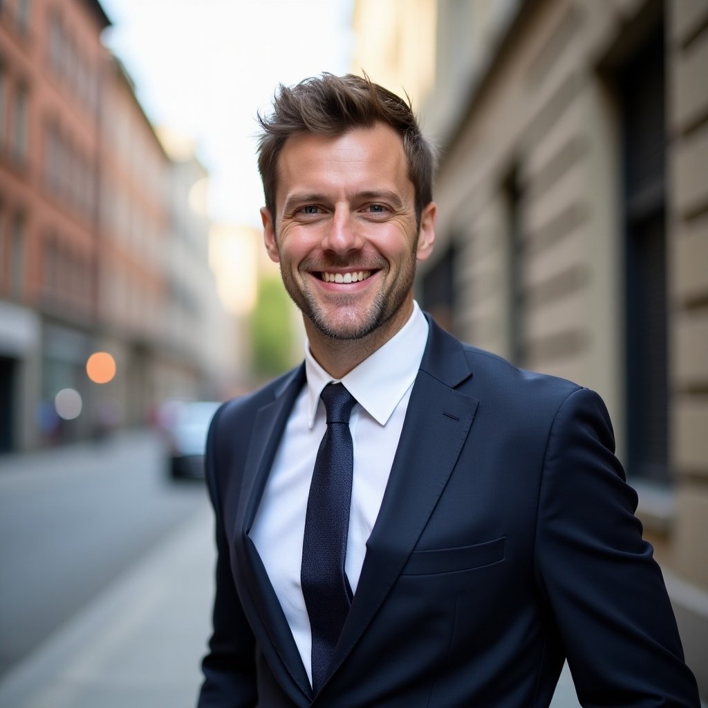 A man dressed formally in a tie stands in an urban setting with a smile.