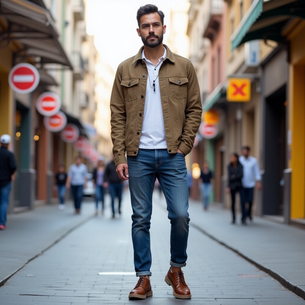 Man wears a casual outfit with jeans and a jacket standing in an urban street scene. Ambience is relaxed and stylish with blurred background.