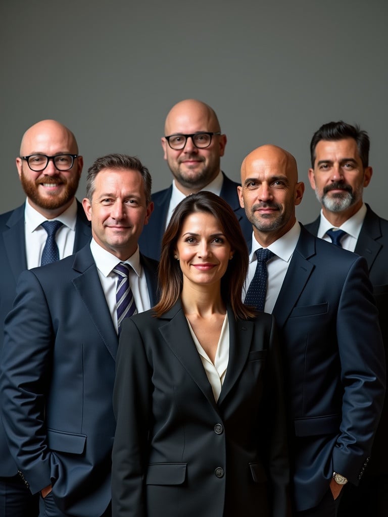 A corporate team of eight professionals. A tall chubby bald man with glasses. A tall thin man. A short bald man with a notable physique. An Italian man with a slight moustache. A Spanish woman with shoulder-length hair depicted as a judge. Group dressed in formal business attire.