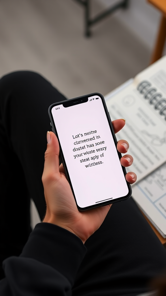 A person holding a smartphone displaying nonsensical text, with an open notebook nearby.