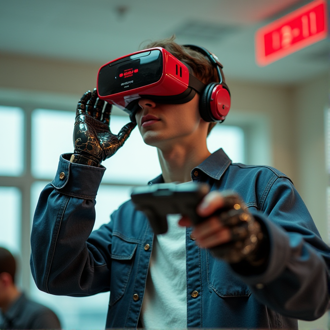 A person wearing a red VR headset and headphones, holding a controller and wearing futuristic gloves, is immersed in a virtual environment.