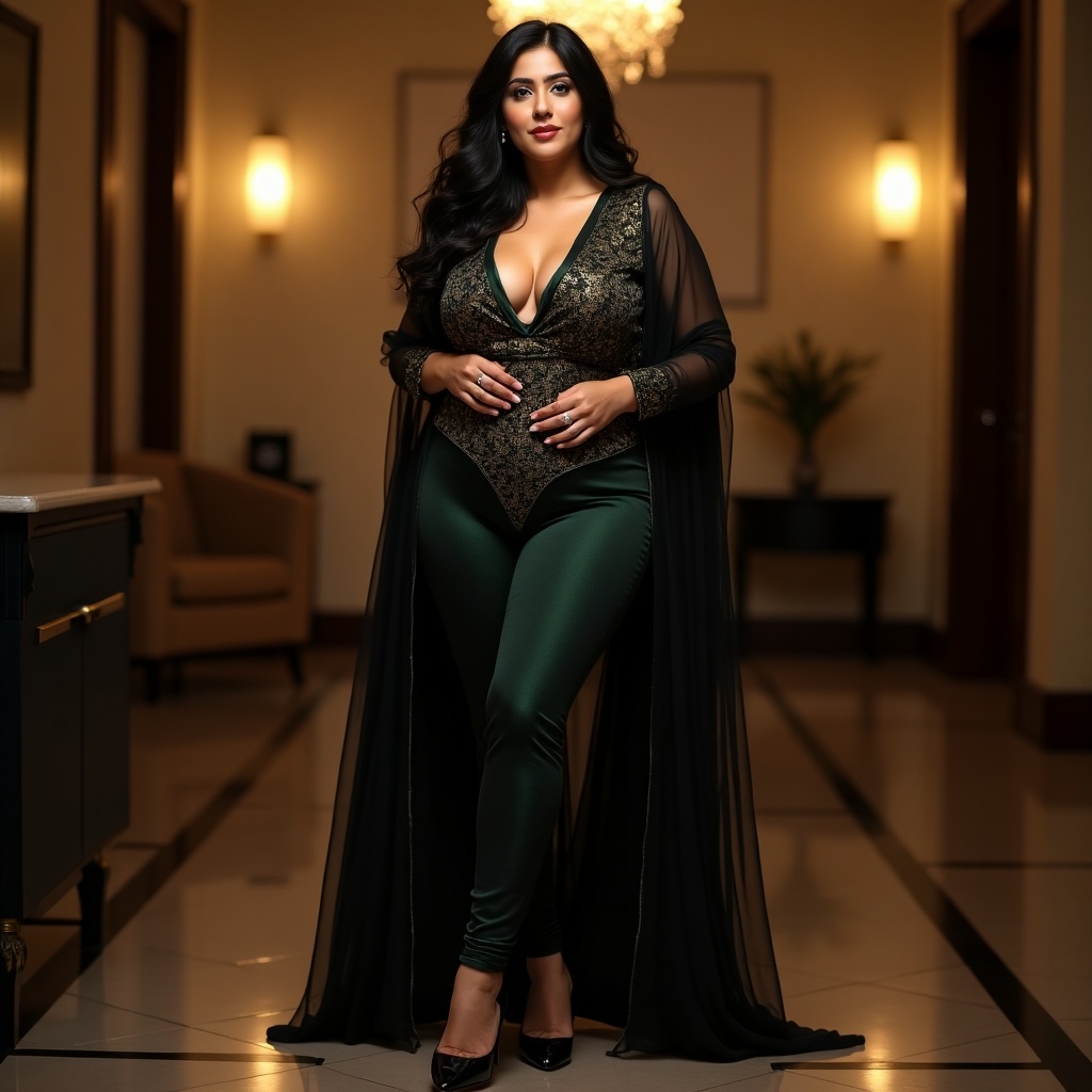 A full-body shot of a Pakistani woman in a modern shalwar kameez. She has an alluring, curvaceous figure and a warm, radiant complexion. Her dark, wavy hair falls elegantly over her shoulders. The outfit features a deep-neck kameez styled with emerald black and gold accents. She stands confidently in stylish high heels, showcasing a luxurious indoor setting with warm lighting. The flowing dupatta partially veils her silhouette, enhancing her captivating presence.