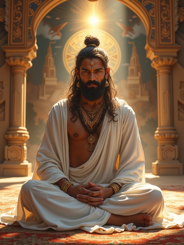 Arjuna sits in a meditative pose in a chamber. Long hair is tied back. Intense gaze and light beard. Wearing simple white attire. Surrounded by a divine aura. Chamber features wood and stone decor. Murals depict heavenly scenes. Urvashi enters gracefully with enchanting movements.