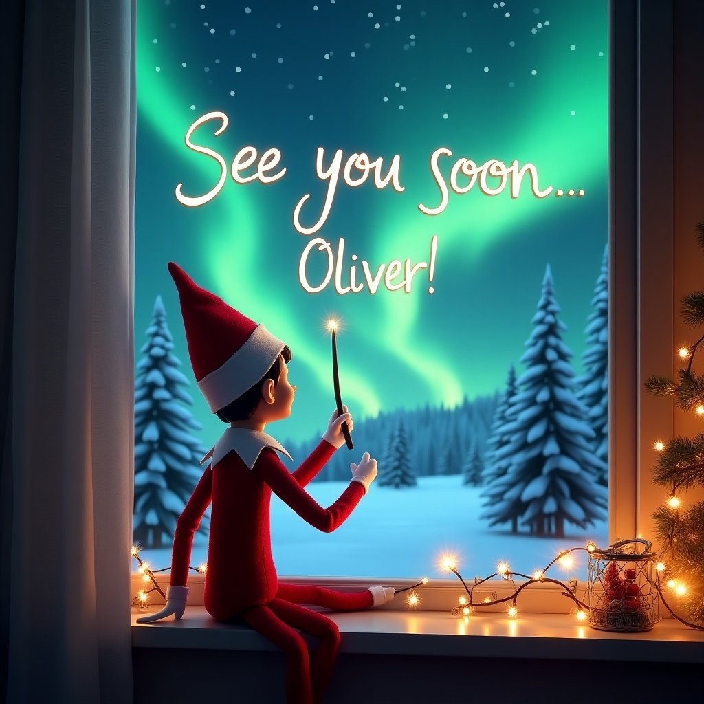 The image showcases an enchanting Christmas scene featuring an elf on the shelf. The elf, dressed in traditional red and white, sits on a window ledge gazing out at the magical night. He uses a wand to write a message in the sky, creating a whimsical atmosphere. Outside the window, beautiful Northern Lights adorn the dark sky, casting mesmerizing colors onto the snow-covered landscape. The room itself is cozy, filled with Christmas decorations that enhance the festive spirit, making the scene both heartwarming and magical.