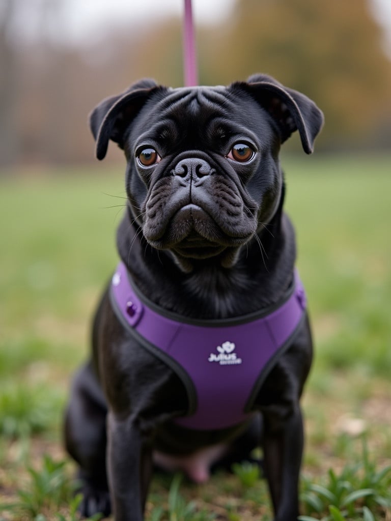 Black pug sits in grass wearing a dark purple Julius K9 power harness. The dog looks attentive with a calm expression. The background is softly blurred with green and autumnal tones. The pug is the main focus.