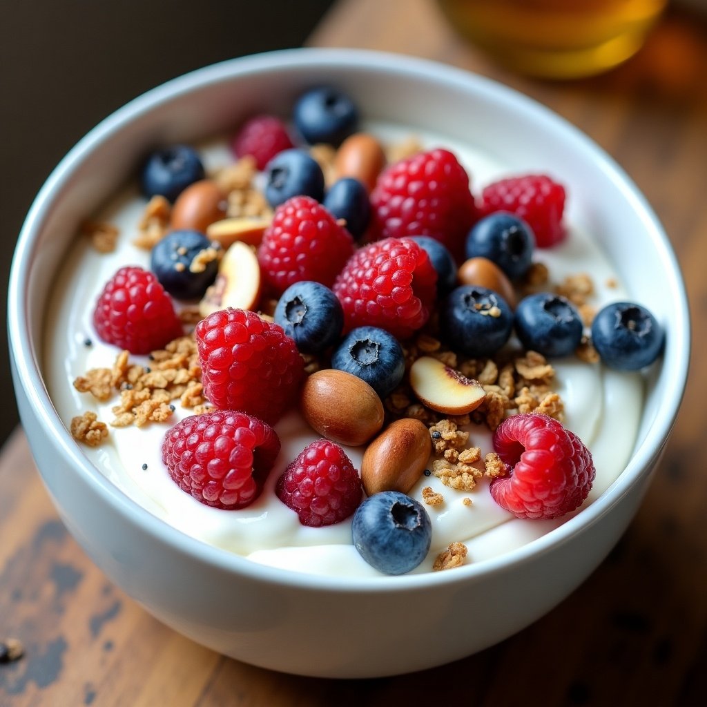 Bowl filled with yogurt topped with raspberries blueberries hazelnuts granola chia seeds and honey