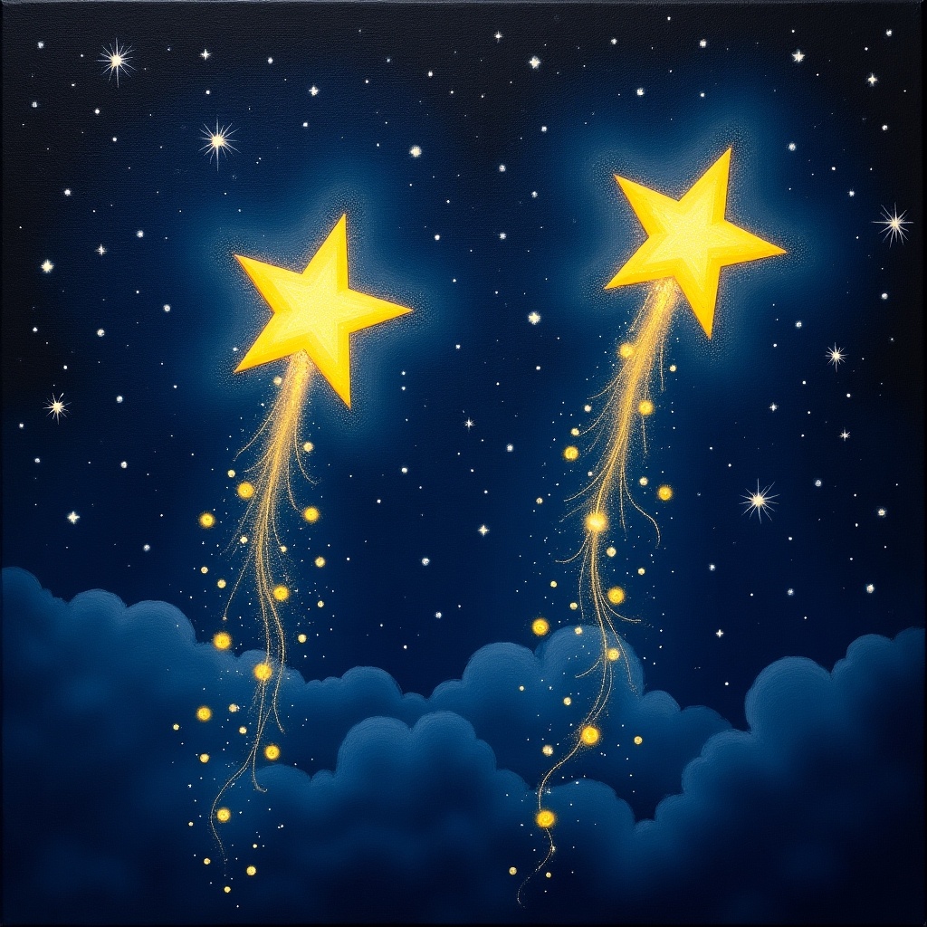 This artwork features two vibrant, yellow shooting stars named 'Luke' and 'James'. They are soaring through a deep blue night sky, leaving sparkling trails behind. Below, soft clouds add depth to the scene. The stars glow warmly, creating a magical atmosphere. This image evokes a sense of wonder and joy, perfect for inspiring children's imaginations.