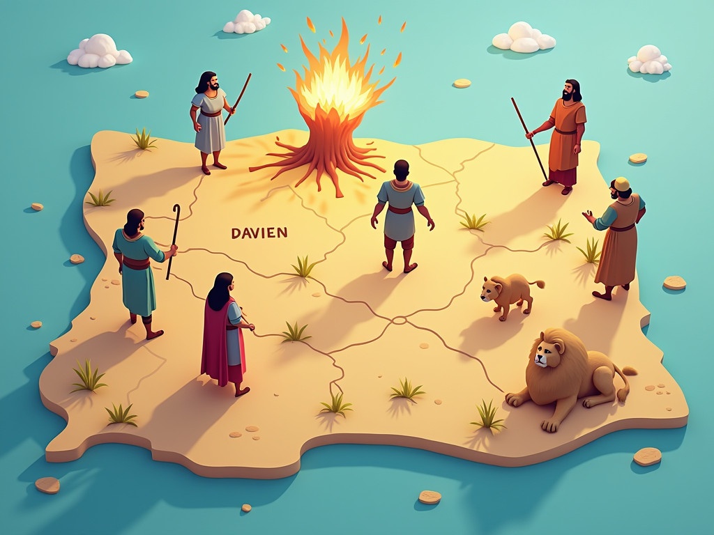 3D cartoon illustration showing a large map with cartoon figures representing Bible stories. David and Goliath depicted in a corner. Queen Esther illustrated standing in the center. Moses shown in front of a bush on fire. Daniel with a lion located in another corner of the map.