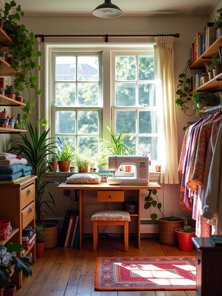 A cozy sewing room with a large window filled with sunlight. A sewing machine is on a desk surrounded by green plants. Colorful fabrics and blankets are visible. The room feels organized yet homey, perfect for crafting. Plants are potted and add greenery. The overall ambiance is creative and inviting.