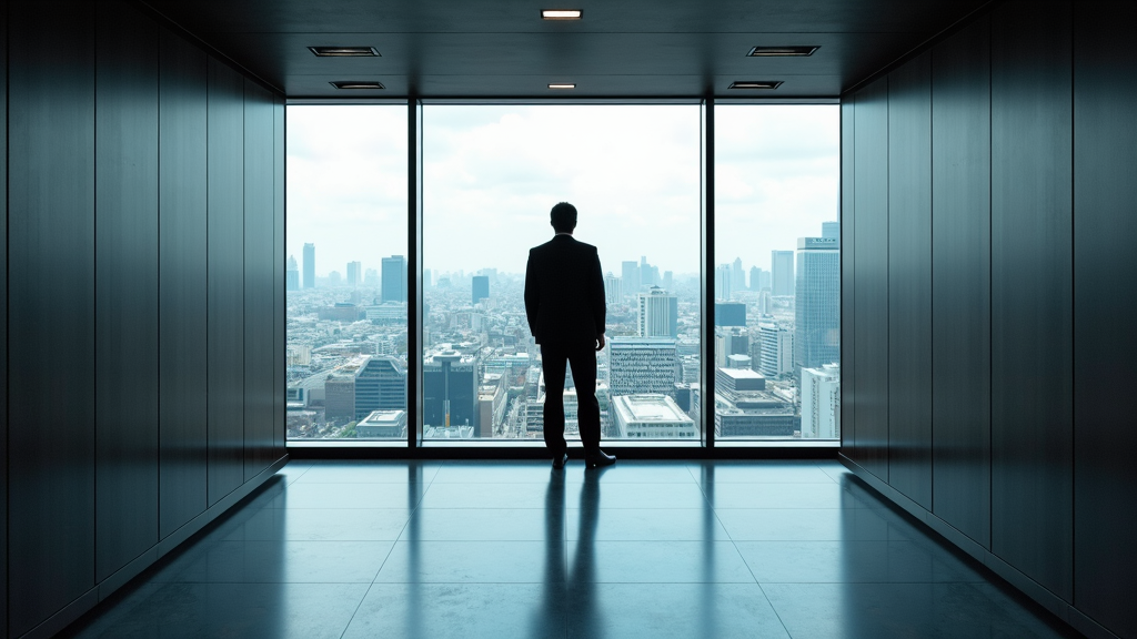 A person stands inside a modern building, looking out at a vast cityscape through large glass windows.