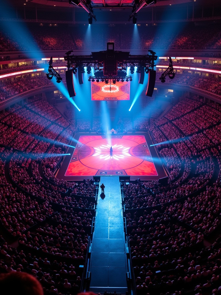 Aerial view of a concert at Madison Square Garden with Roddy Rich on stage. A T-shaped runway extends from the stage center with vibrant lighting. The audience fills the arena.