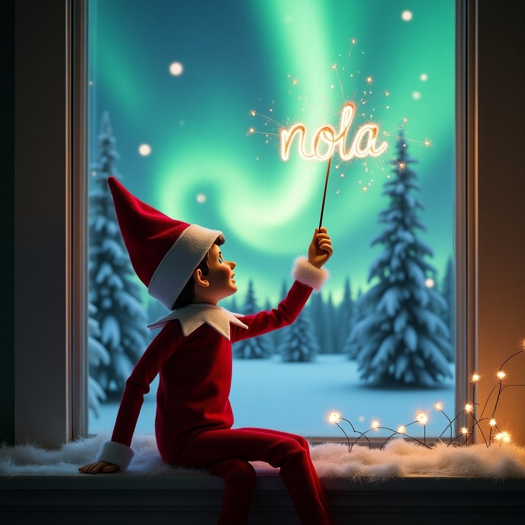 The image features an enchanting scene with an elf on the shelf sitting on a windowsill. The elf is turned away from the viewer, looking up at a stunning display of northern lights. In his hand, he holds a wand from which magical sparks emanate, as he writes the word 'nola'. The background is filled with snow-covered pine trees, contributing to the festive atmosphere. His bright red outfit with fluffy white trim perfectly captures the essence of Christmas.