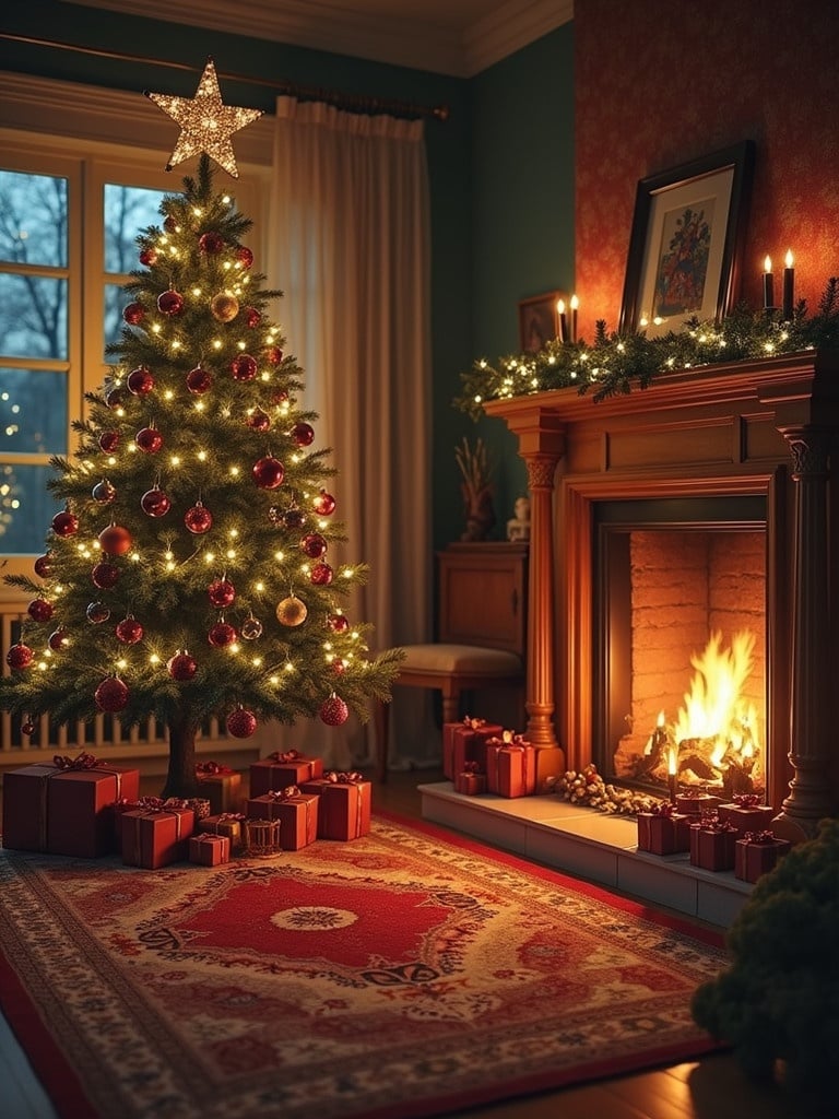 Cozy indoor Christmas scene. Beautifully decorated tree with ornaments. Warm fire burning in the fireplace. Presents neatly arranged at the base of the tree. Soft, inviting lighting creates a festive atmosphere.